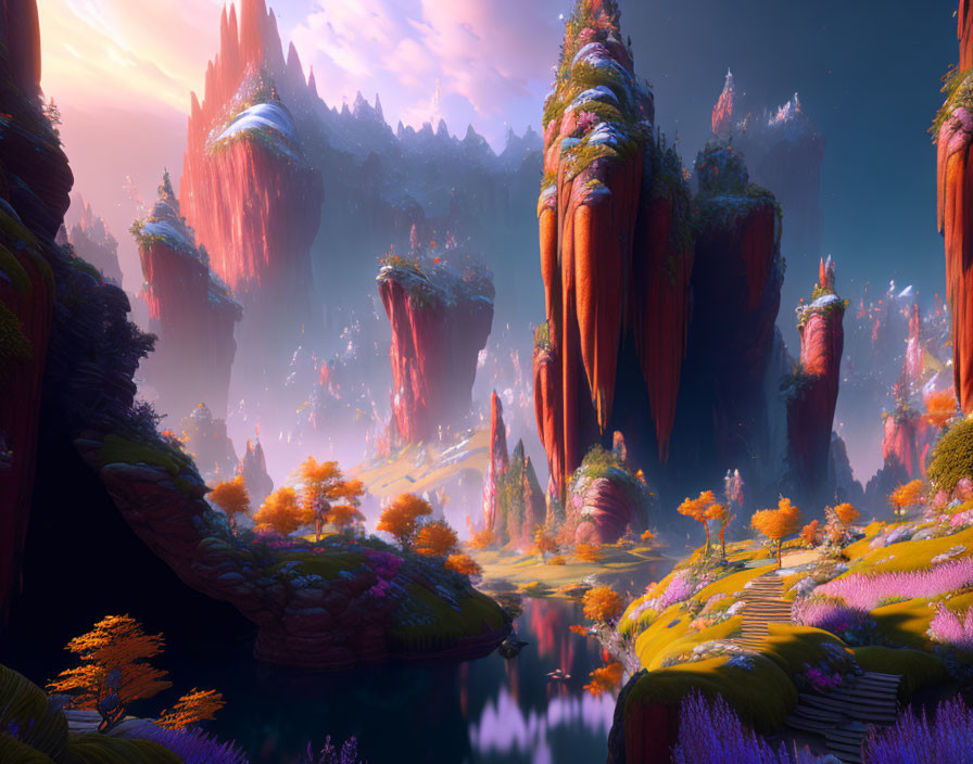 Colorful fantasy landscape with pink and orange rock formations and lush greenery