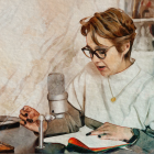 Vintage Style Woman Reading Book with Glasses and Speaking into Microphone