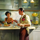 Romantic Couple in Elegant Attire in Warm, Well-Lit Kitchen