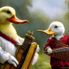 Elegantly dressed ducks playing harp and lute in serene setting