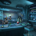Futuristic control room with illuminated panels and holographic displays