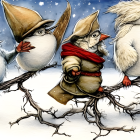 Three Birds in Winter Hats on Snowy Branch with Falling Snowflakes and Red Container