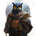 Mystical anthropomorphic owl with cloak, staff, lantern, symbols, compass pendant