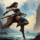 Warrior woman with long hair leaps on rocky cliffs above turbulent sea waves