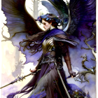 Female Figure in Purple Armor with Angel Wings and Staff surrounded by Feathers