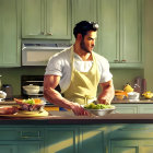 Muscular Man Prepping Food in Sunny Kitchen