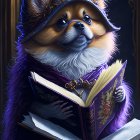 Scholarly corgi dog in wizard attire reading magical book in library setting