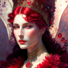 Regal woman with red hair in golden crown and jewelry on luxurious red and purple backdrop