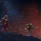 Four warriors in torch-lit medieval fortress prepare for battle