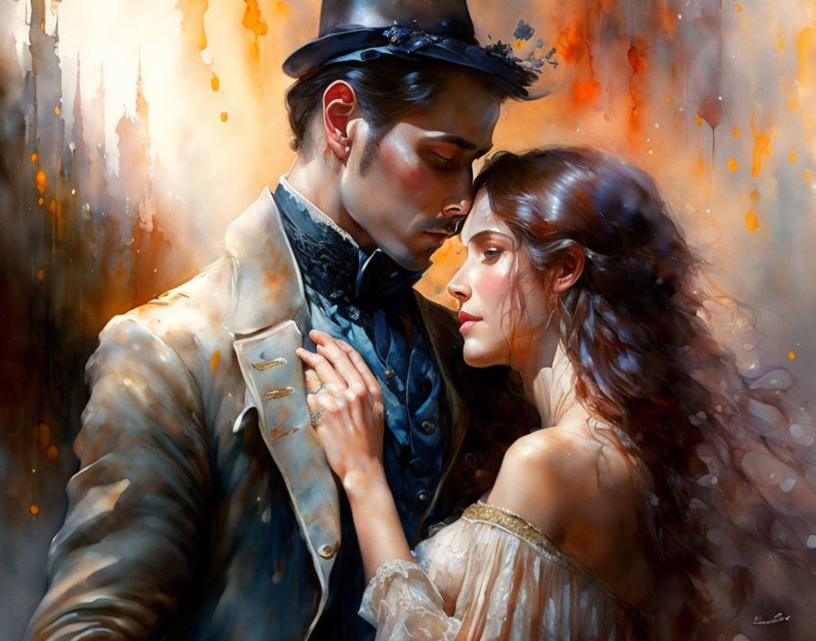 Vintage Attired Man Embracing Woman in Romantic Painting