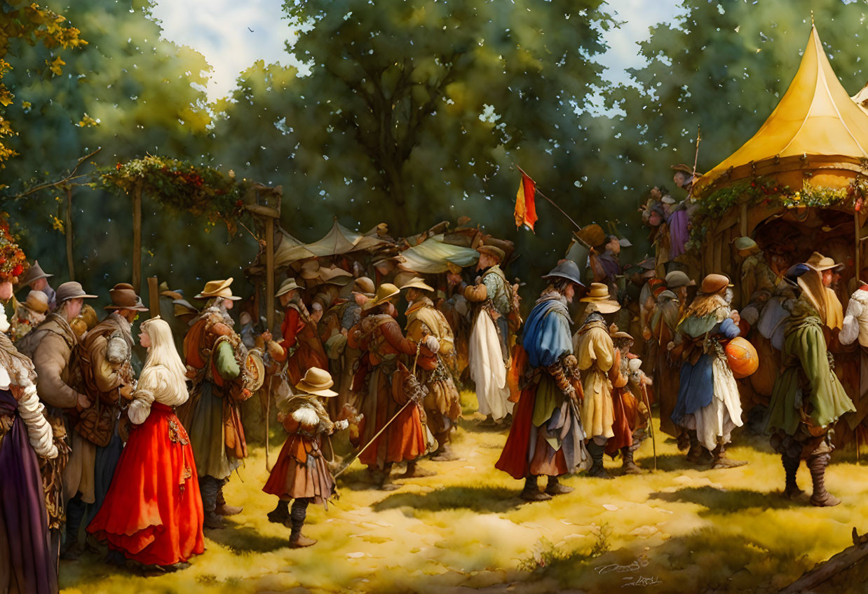 Medieval fair with period costumes, tents, and festive ambiance