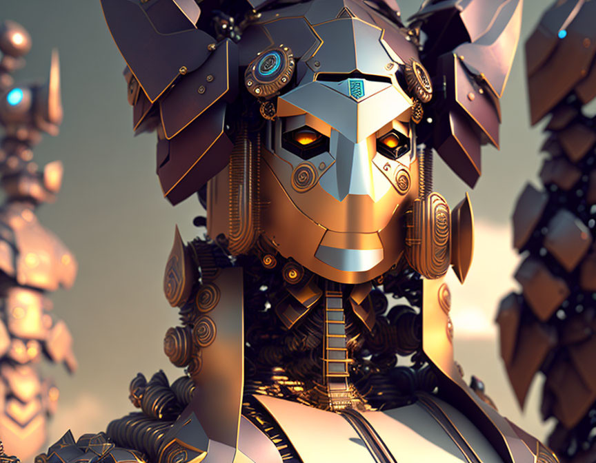 Detailed Gold and Brown Futuristic Robotic Figure with Ornate Design