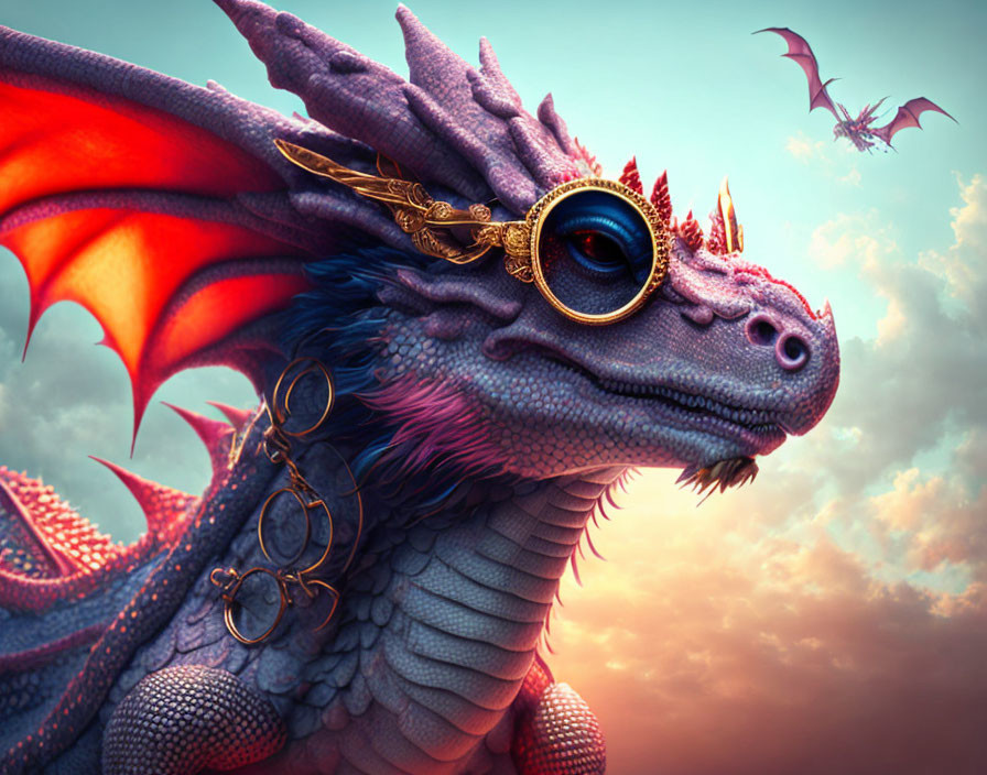 Golden-eared Dragon with Red Wings and Flying Dragon in Warm Sky