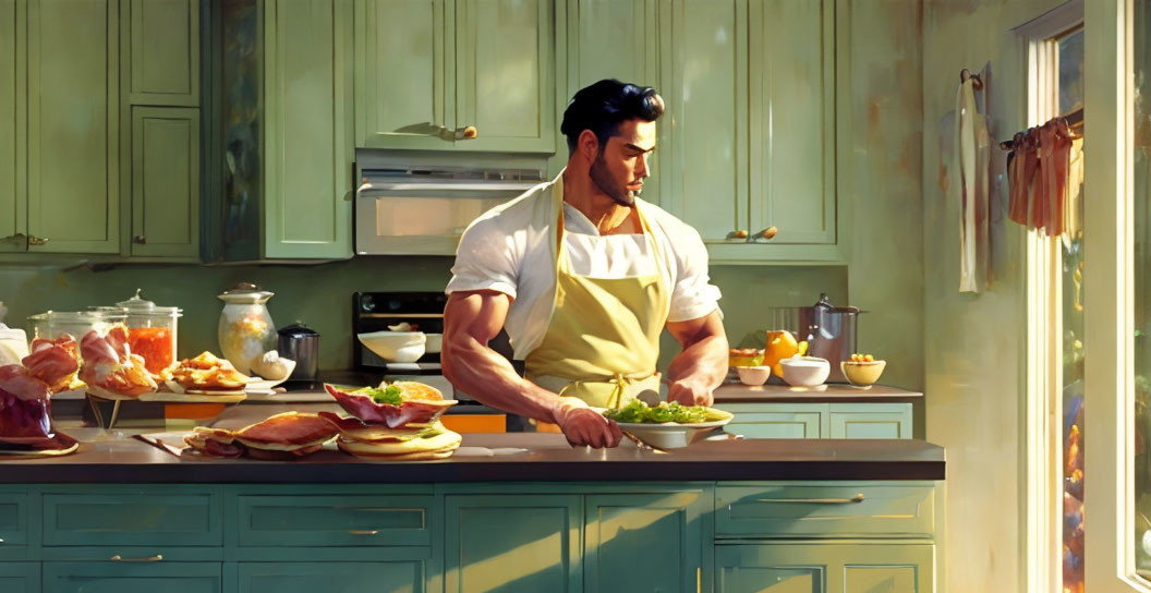 Muscular Man Prepping Food in Sunny Kitchen