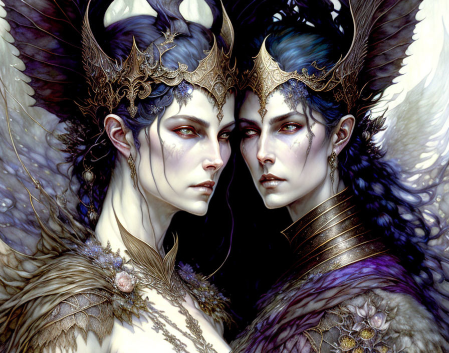 Ethereal beings with horned headpieces and regal attire gazes intensely