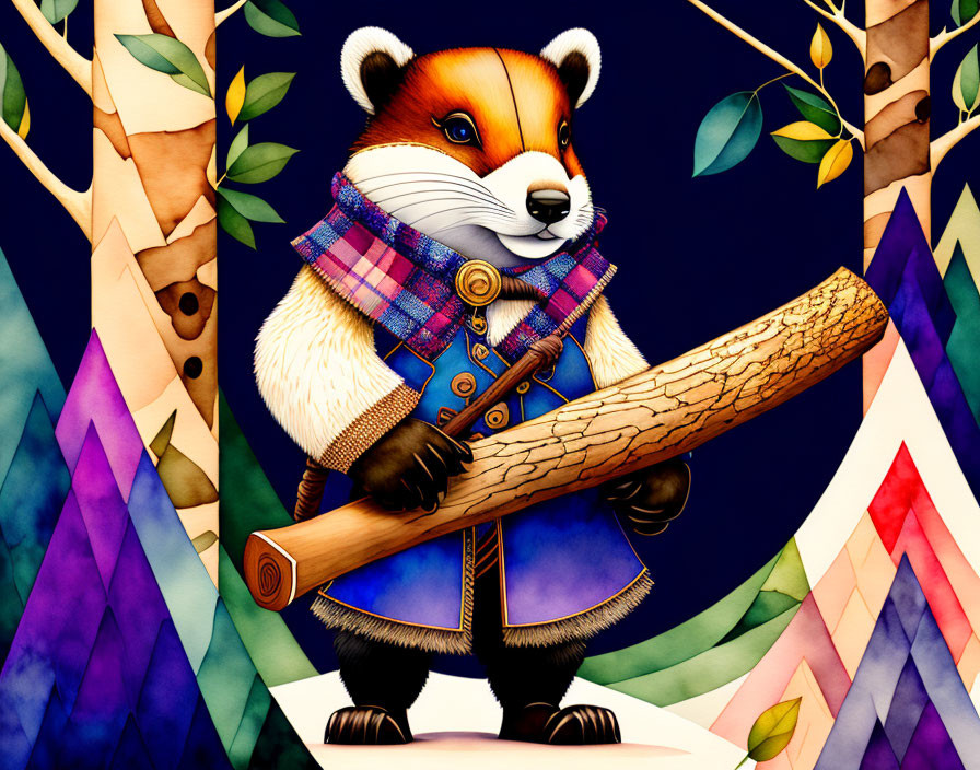 Anthropomorphic red panda in coat and scarf with baseball bat and abstract shapes