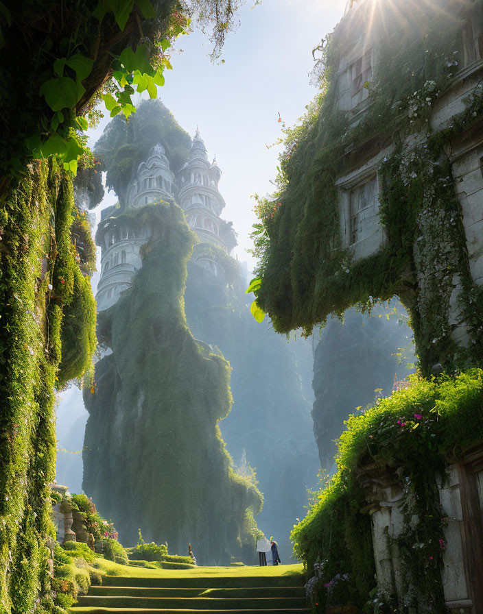 Mystical castle covered in greenery on cliff in sunlight