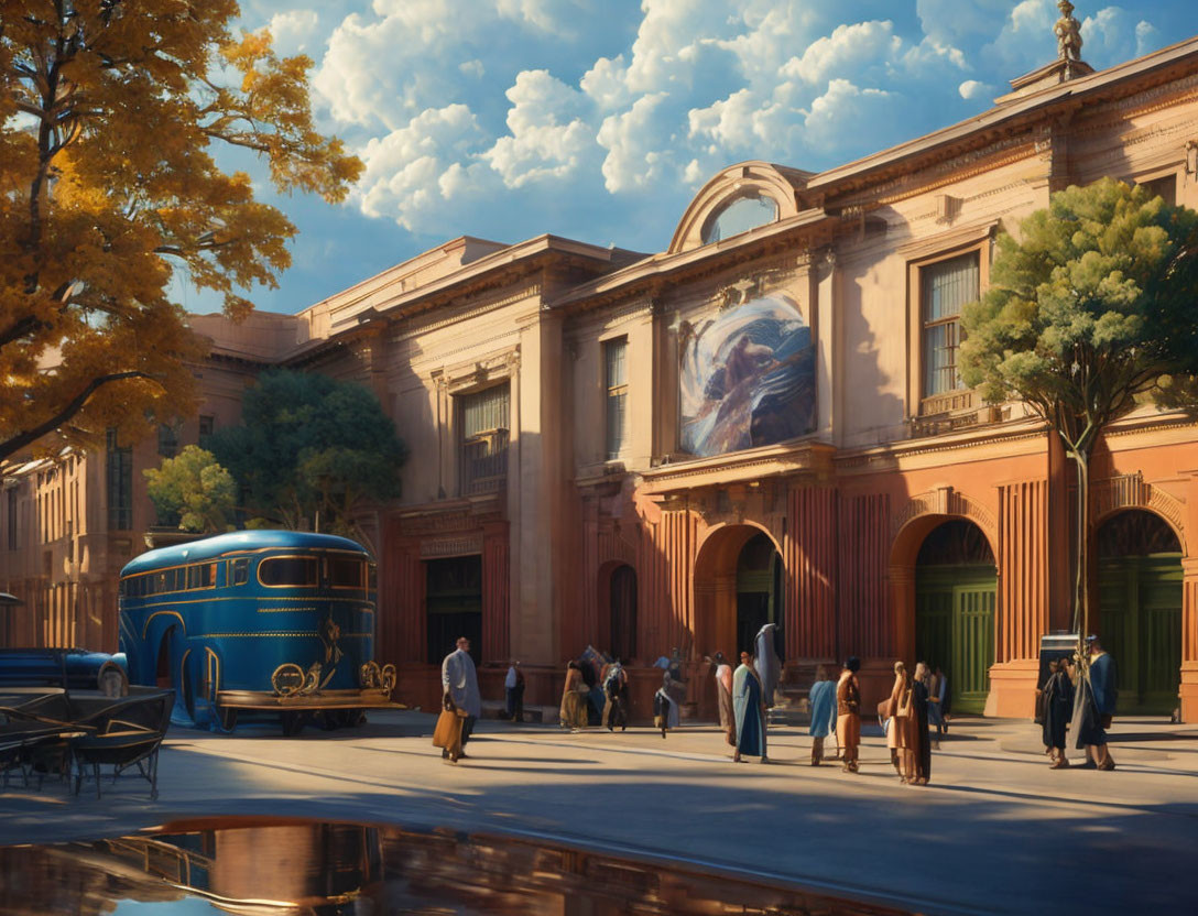 Vintage blue bus outside classical museum with statues, people in period attire, serene sky.