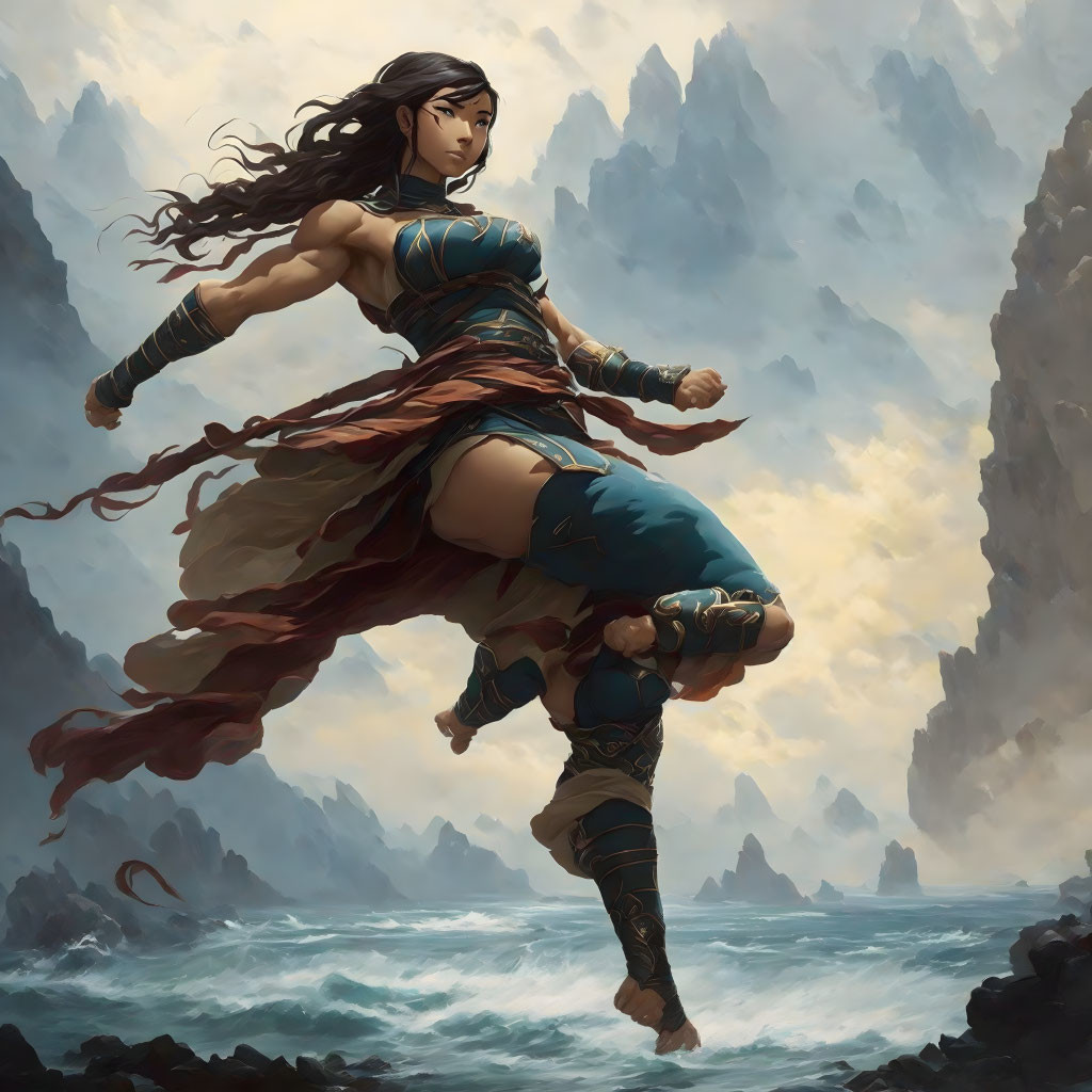 Warrior woman with long hair leaps on rocky cliffs above turbulent sea waves