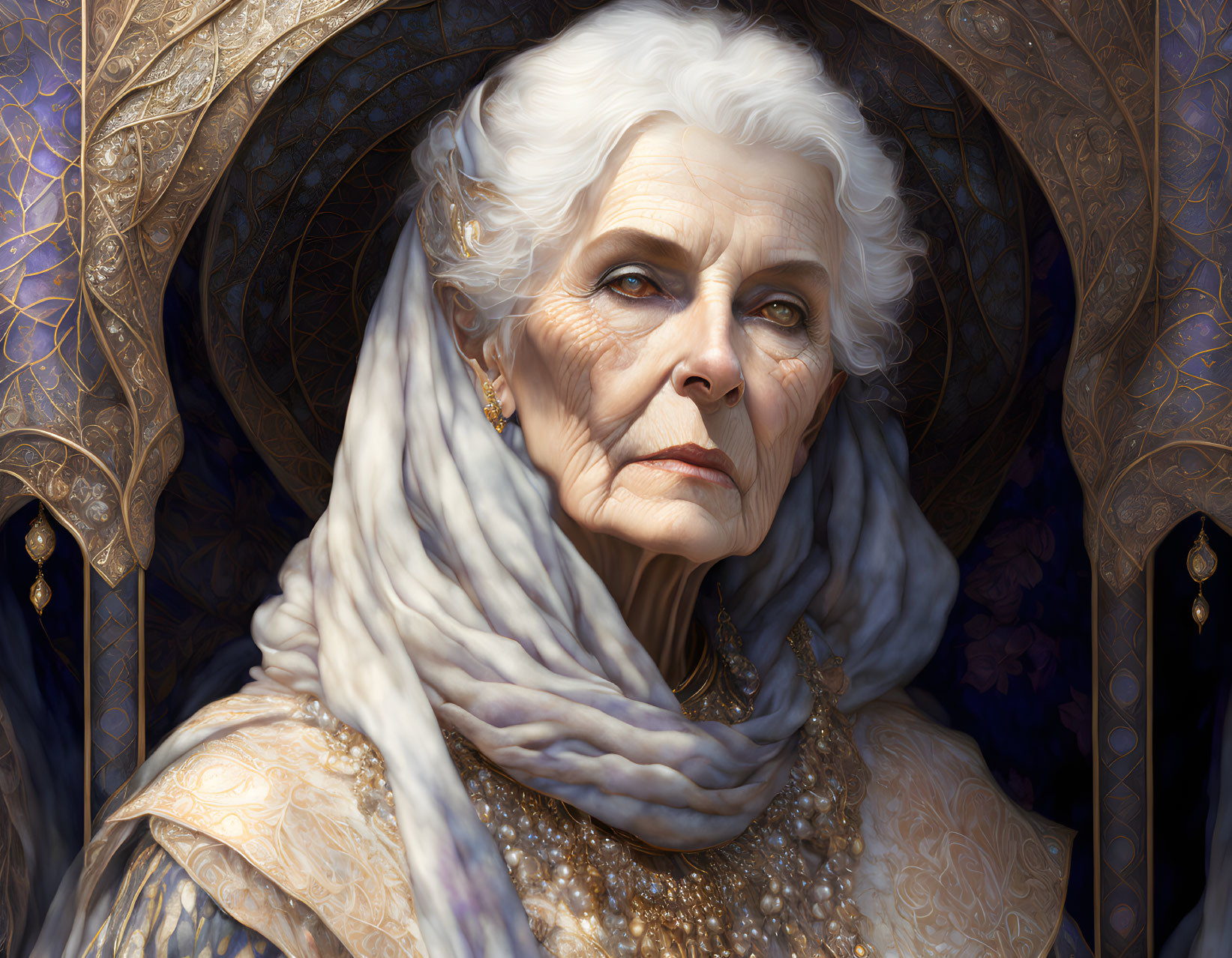 Elderly woman with white hair, gold necklace, and luxurious scarf in front of golden arch