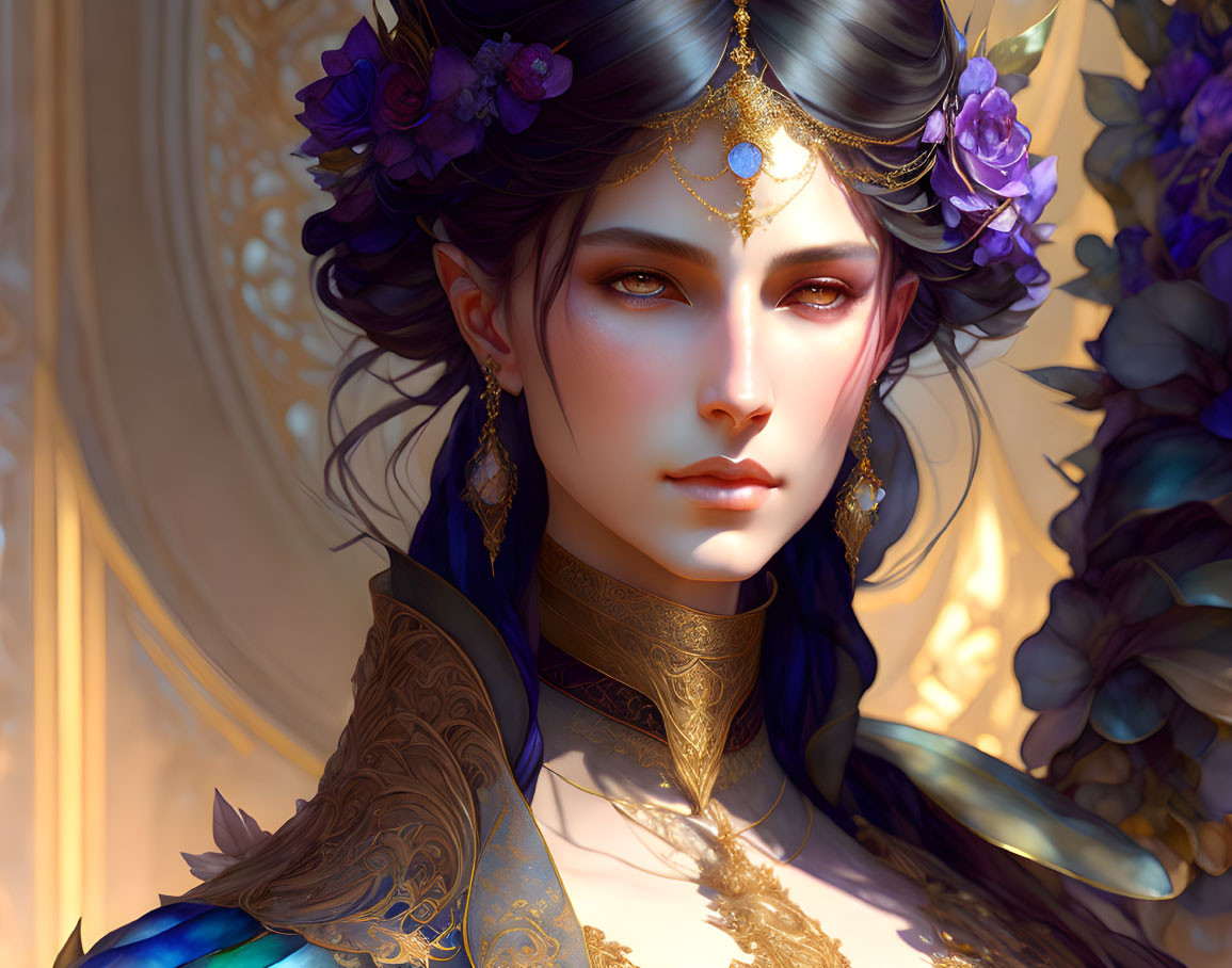 Pointed-eared woman adorned with purple flowers and golden jewelry gazes ahead