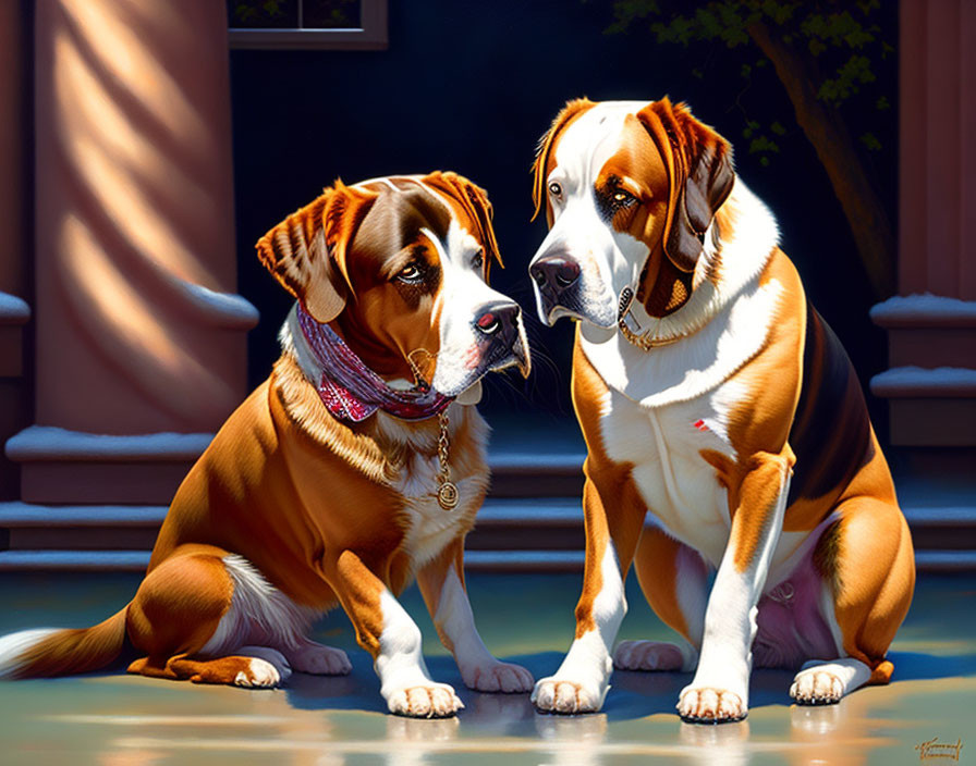 Two Saint Bernard dogs with kerchief sitting in front of house with steps and column