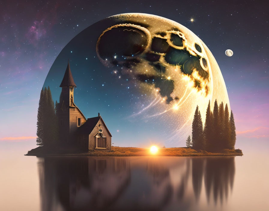 Surreal sunset landscape with church on island, cosmic moon and stars