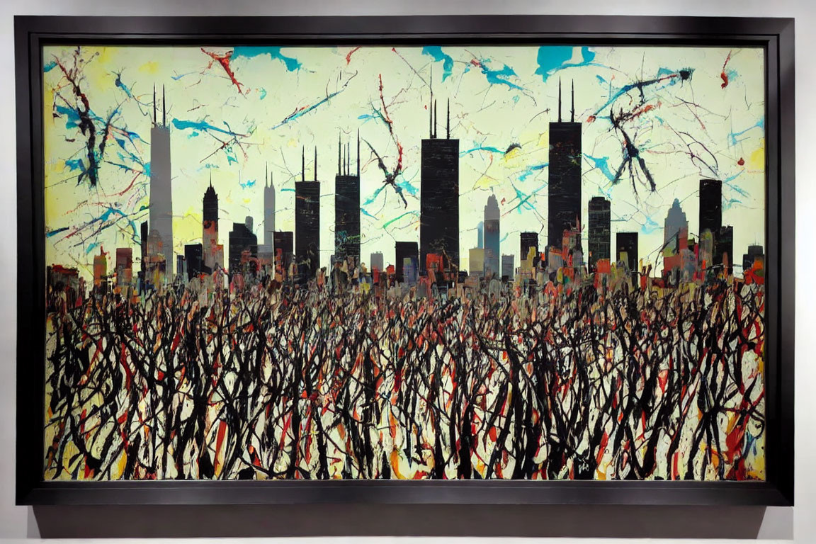 Abstract City Skyline Silhouette Painting with Colorful Splatters and Twig-Like Pattern