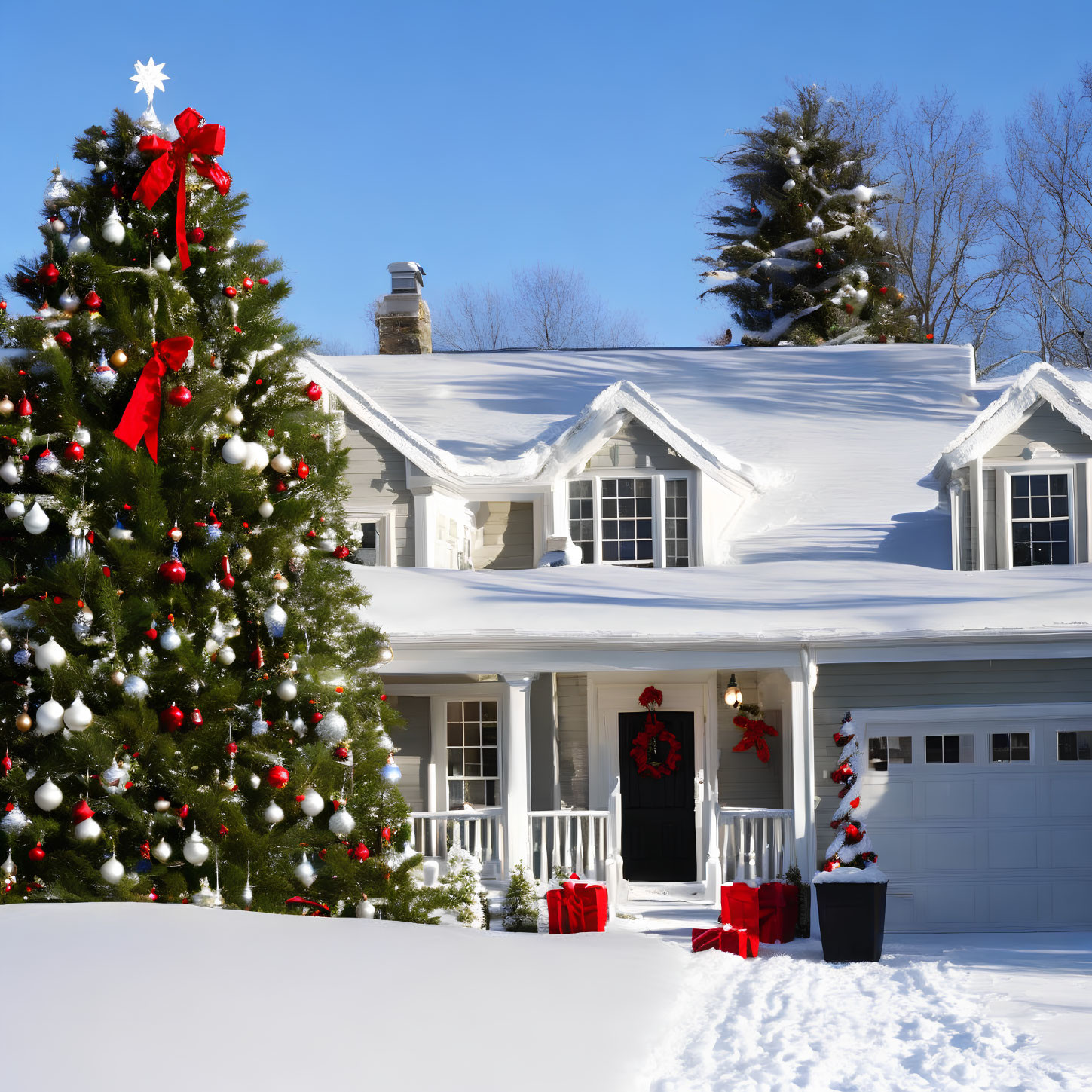 Snow-covered house with festive Christmas tree and wreath on door