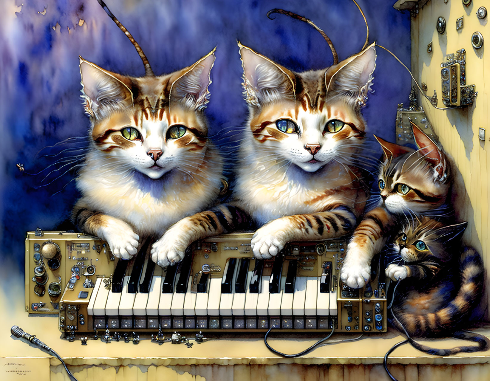 Whimsical humanoid cats playing piano against blue backdrop