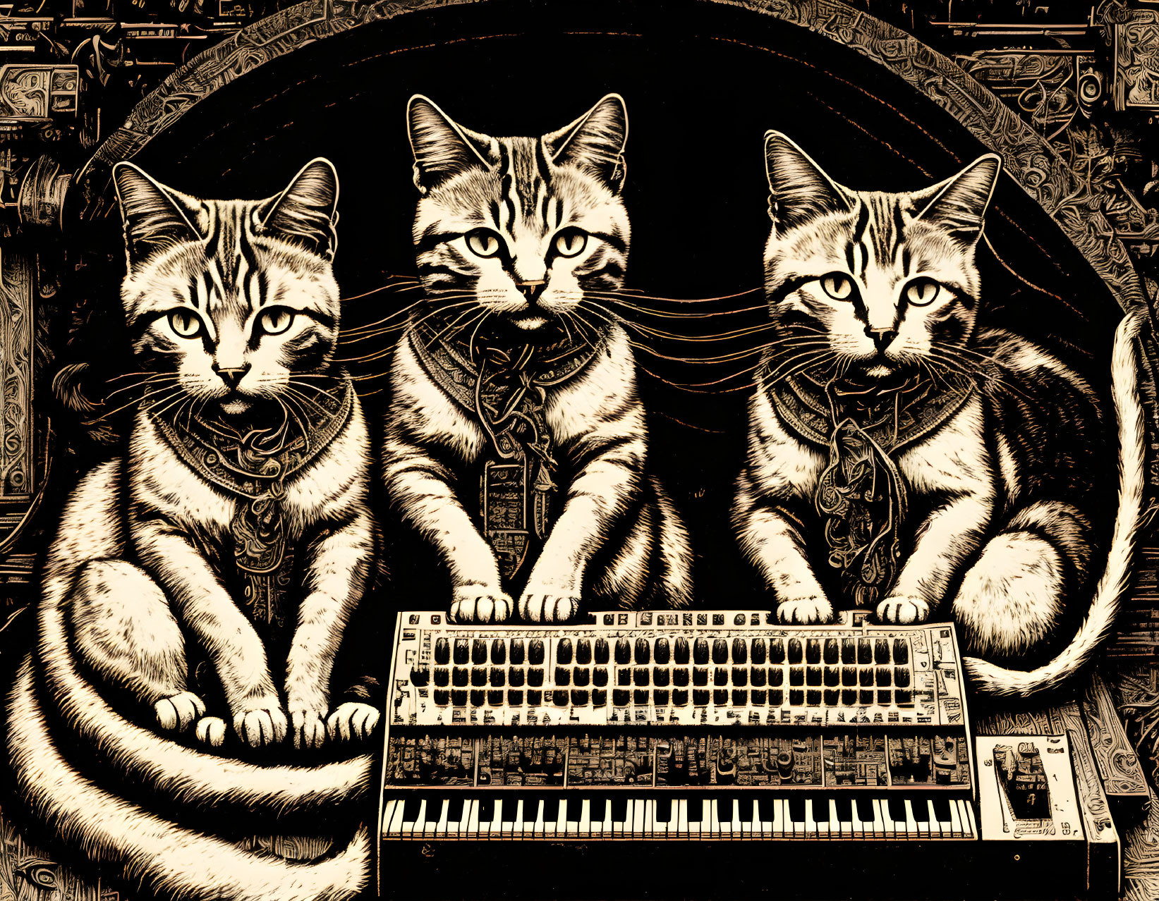 Stylized cats around keyboard synthesizer on detailed backdrop