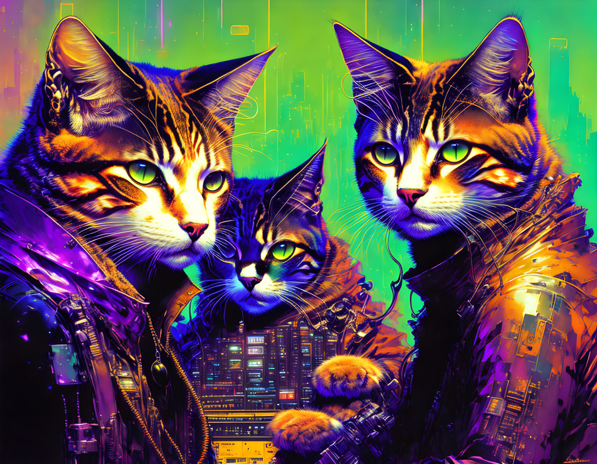 Colorful Illustration: Three Cats in Human Attire Against Neon Cityscape