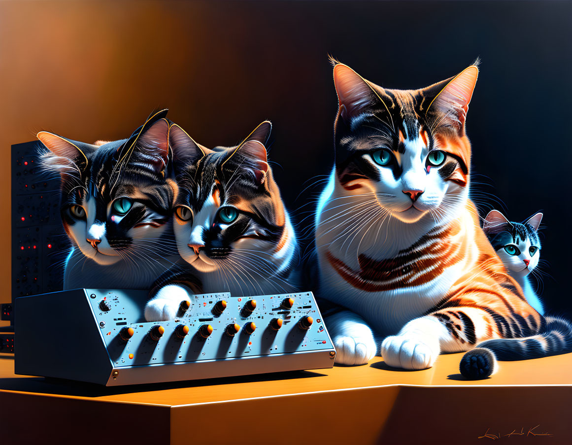Colorful Stylized Cats Around Audio Mixing Console in Music Studio