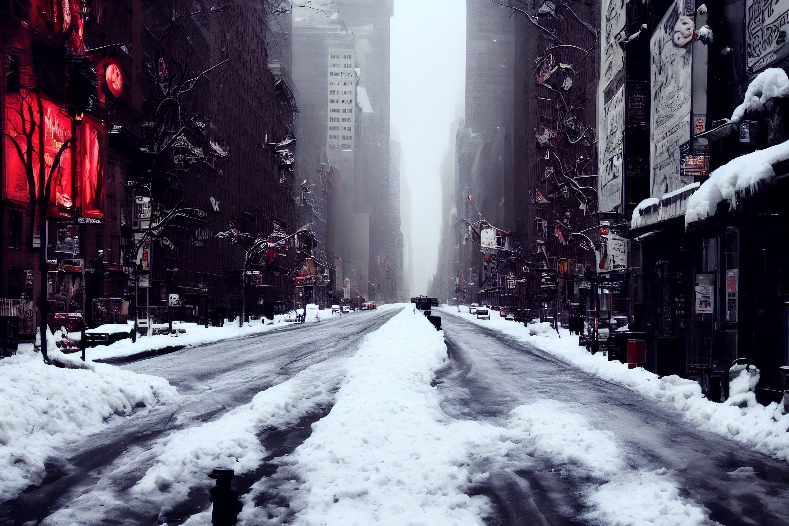 Snow-covered street with billboards and street signs on foggy day