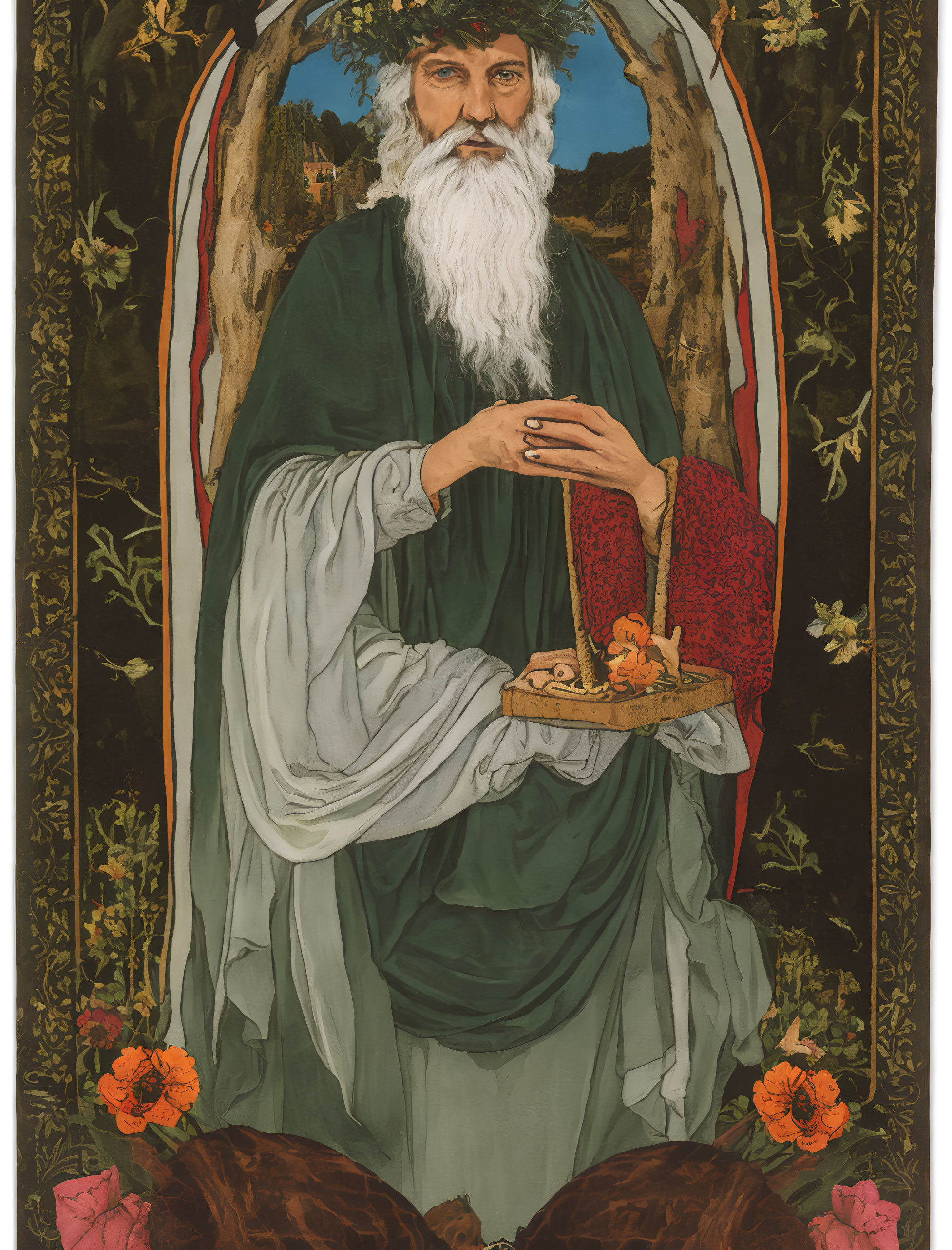 Elderly man in green robe with white beard holding tray, surrounded by floral motifs under arch.