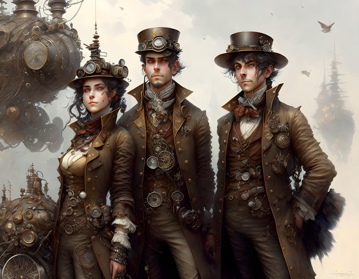 Three people in steampunk attire with top hats and goggles next to airships and mechanical parts.