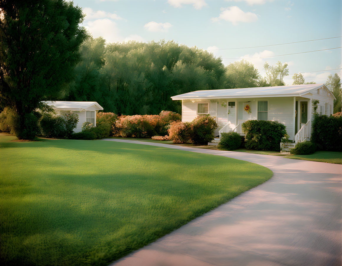 Suburban Home with Manicured Lawn and Driveway in Golden Sunlight