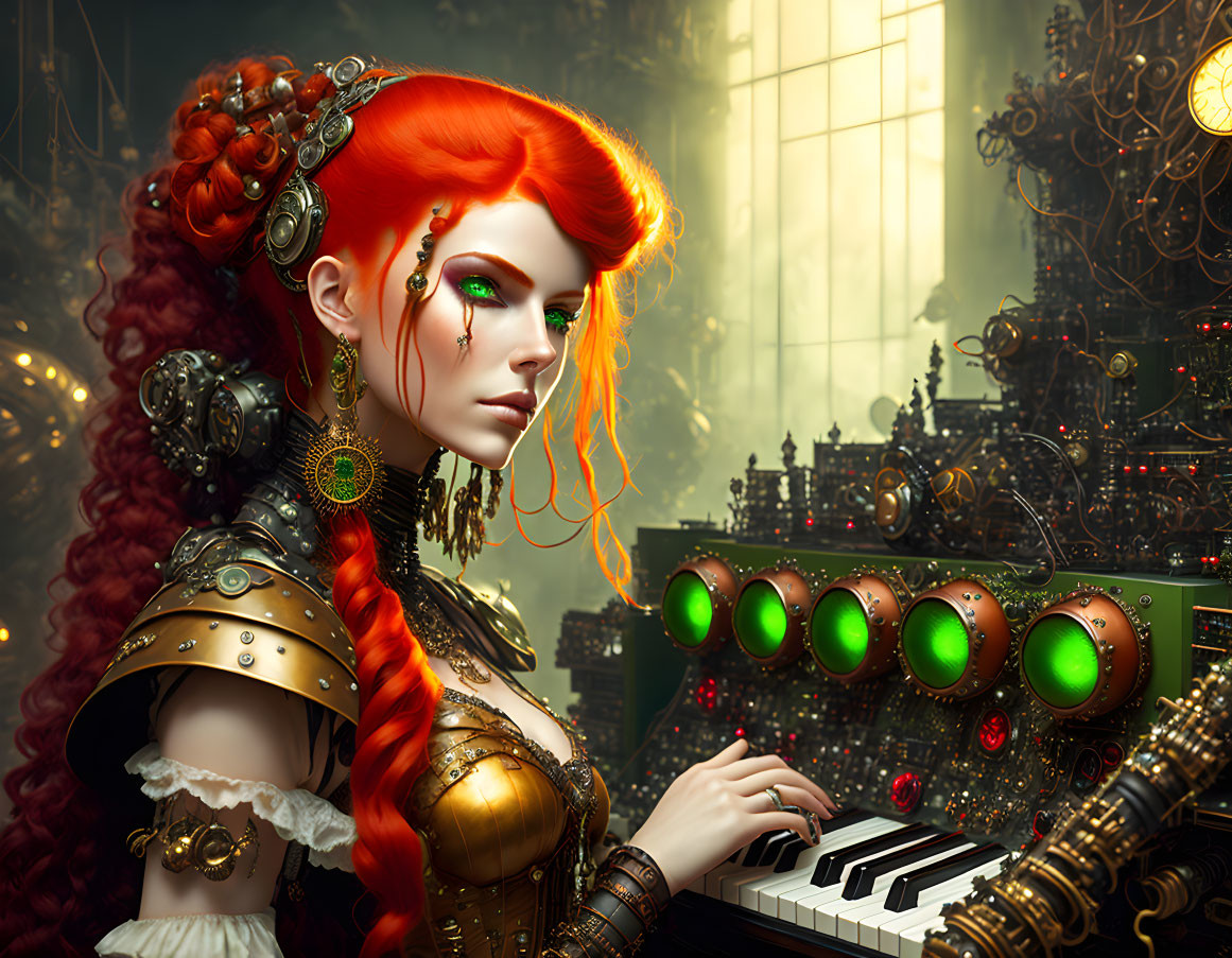 Red-Haired Woman Playing Steampunk-Style Keyboard in Vibrant Digital Illustration