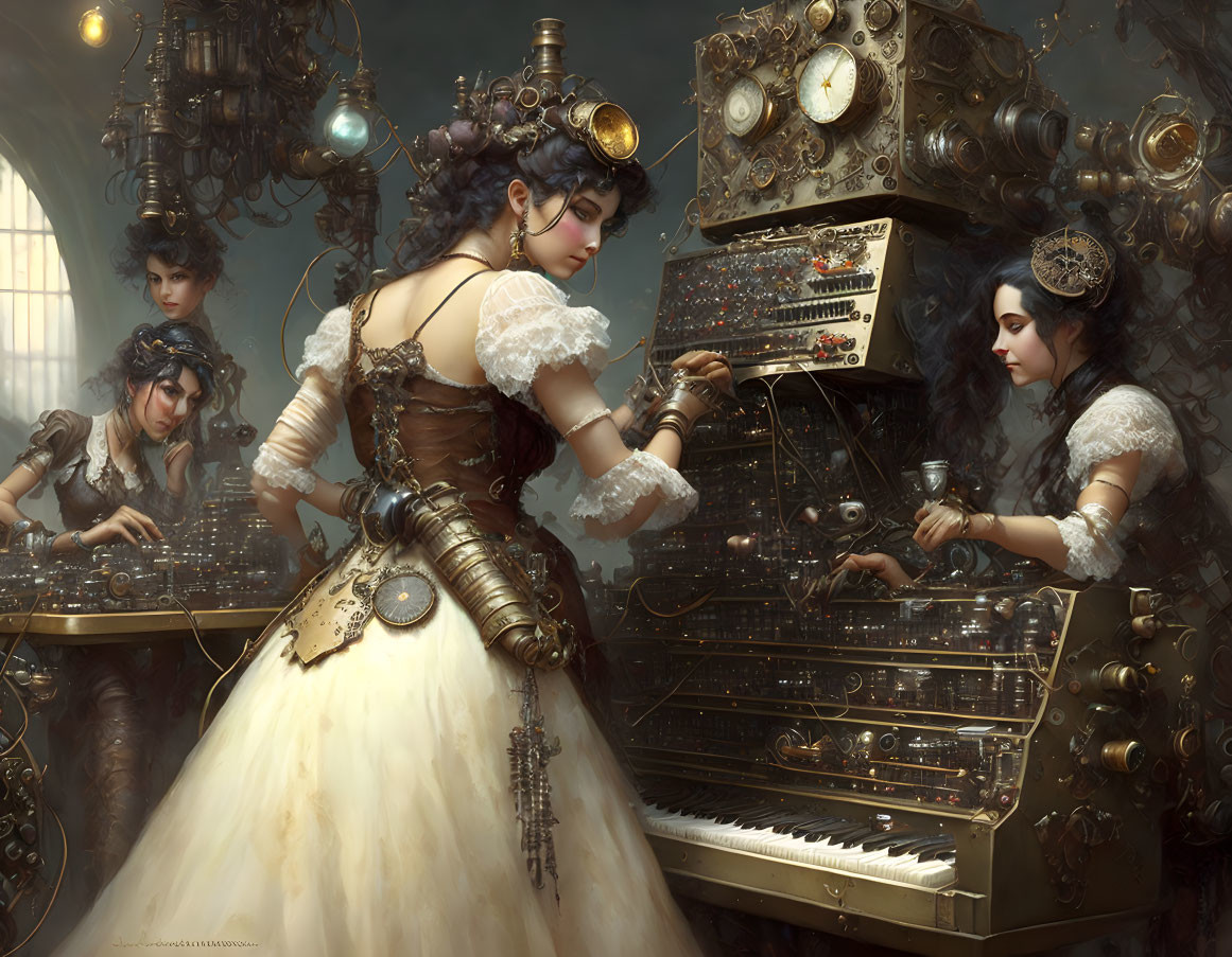 Steampunk scene featuring four individuals around intricate machine