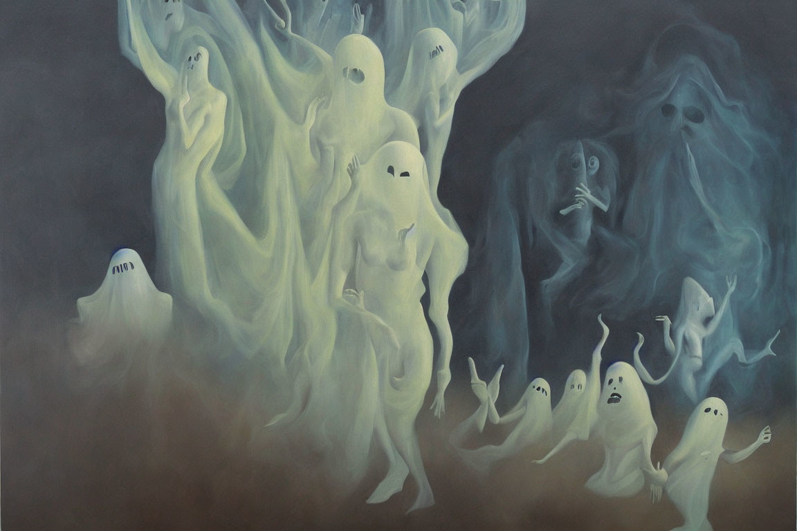 Multiple ghostly figures with different expressions on dark, smoky background