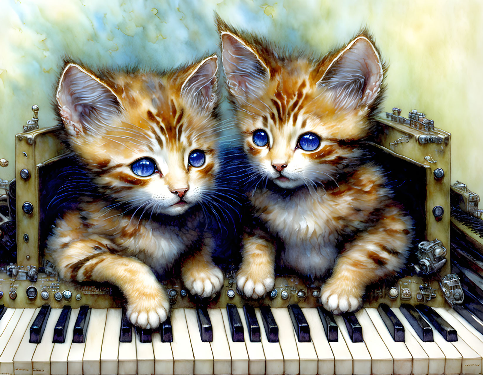 Blue-eyed kittens on piano keys with mechanical details and whimsical background