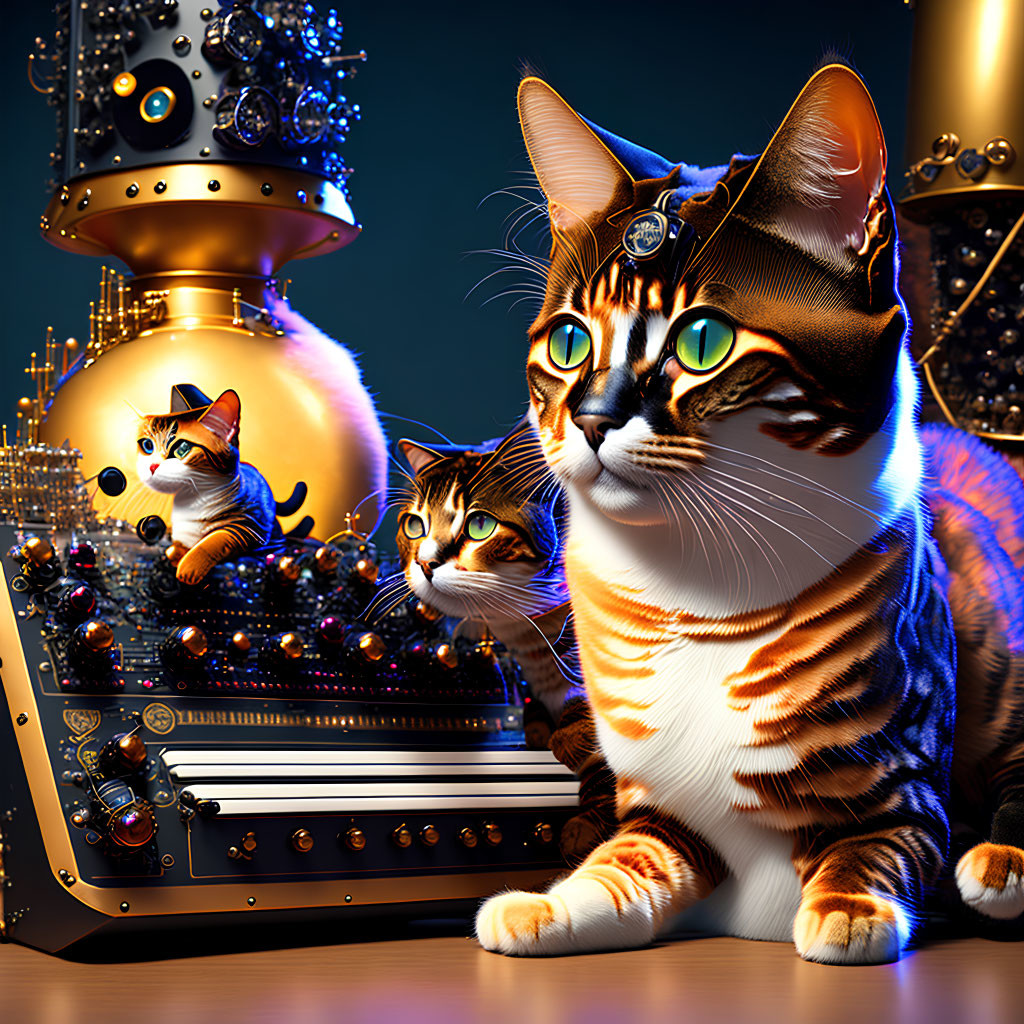 Hyper-realistic robotic cats against futuristic backdrop and gold tones