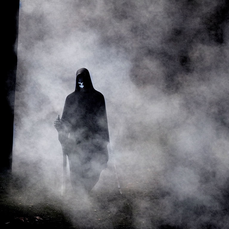 Cloaked figure with ghostly mask in swirling mist