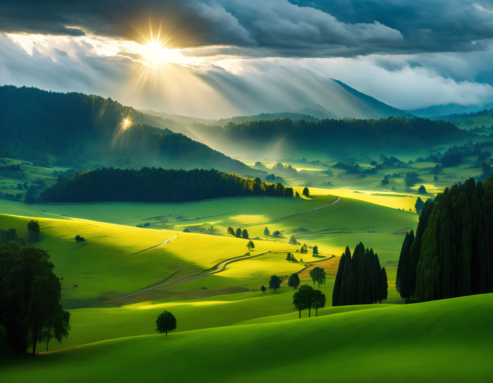 Scenic sunrise over lush green hills