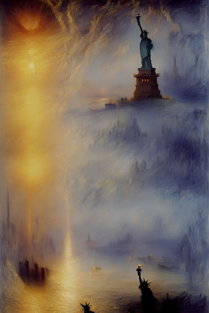 Statue of Liberty in misty sunset with water reflections