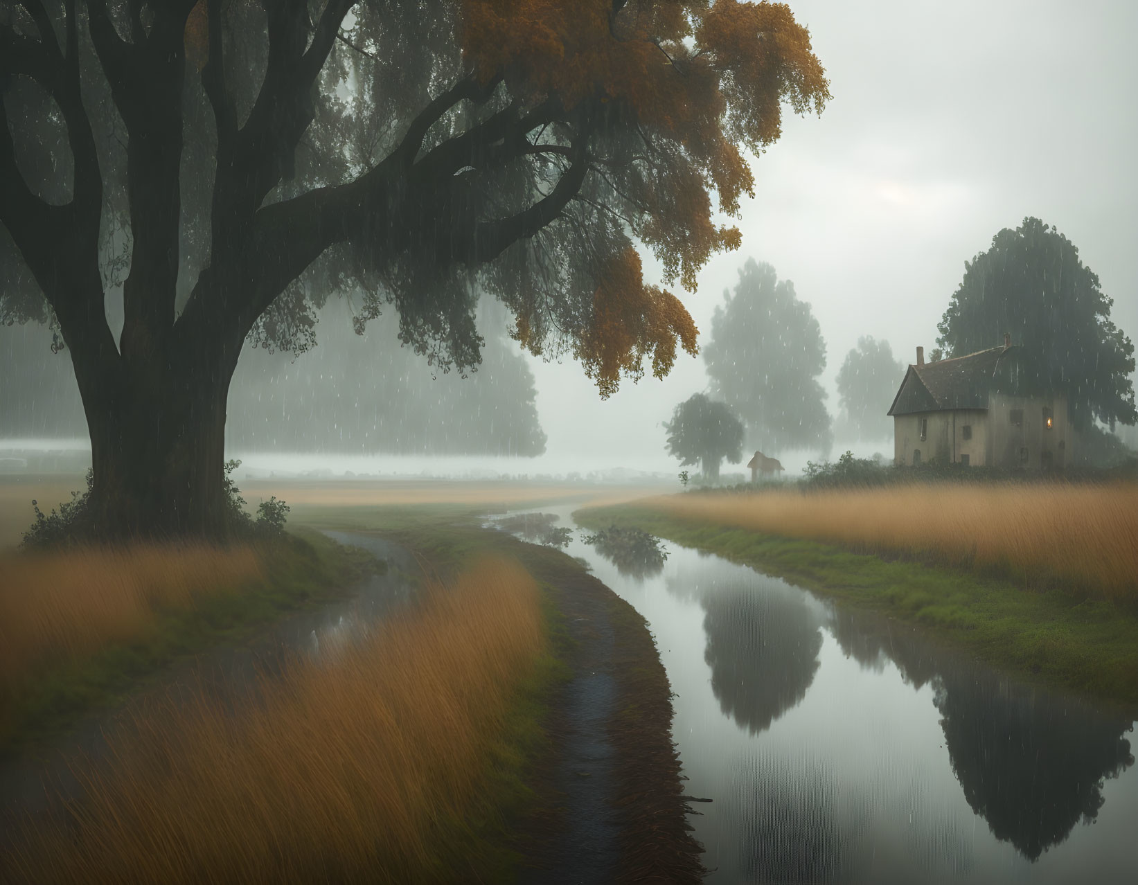 Tranquil landscape with tree, house, mist, river, rain