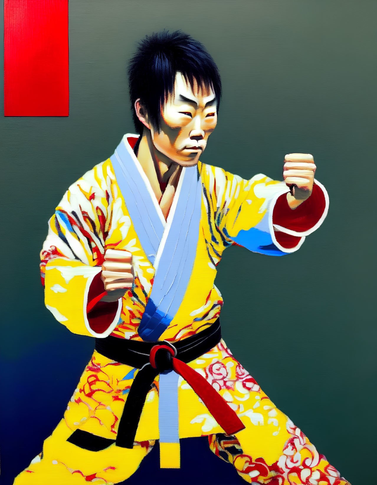 Martial Arts Practitioner in Yellow and Blue Uniform with Red and Black Belt