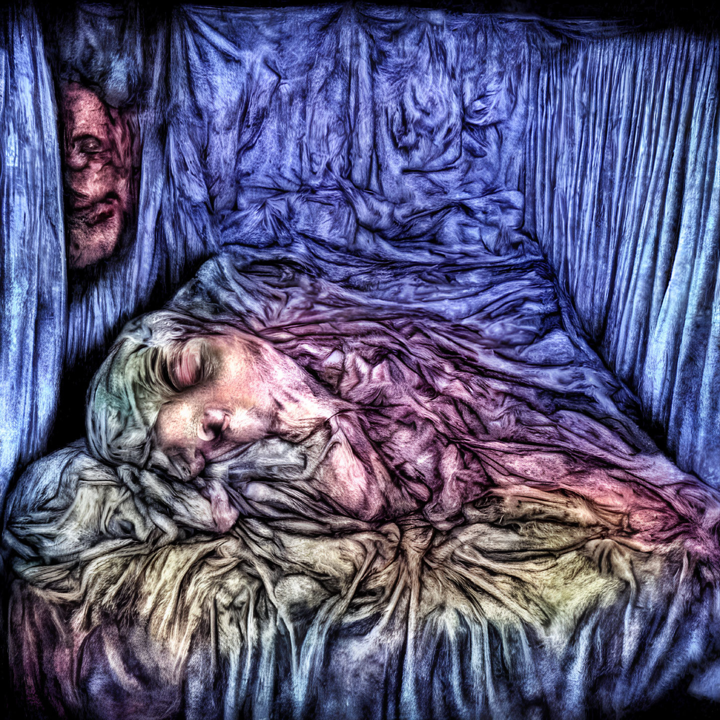 Surreal artwork: sleeping figure with textured bedding folds and ghostly face.