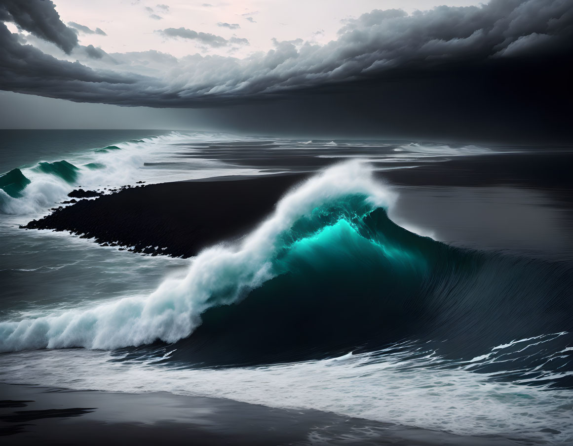 Majestic wave cresting under dramatic sky