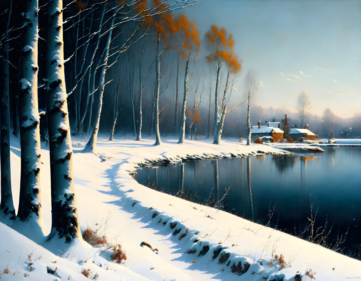Snow-covered path beside calm river in serene winter landscape.